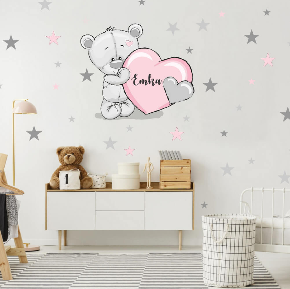 Dětská samolepka na zeď - Medvídek pudrový s hvězdami a jménem