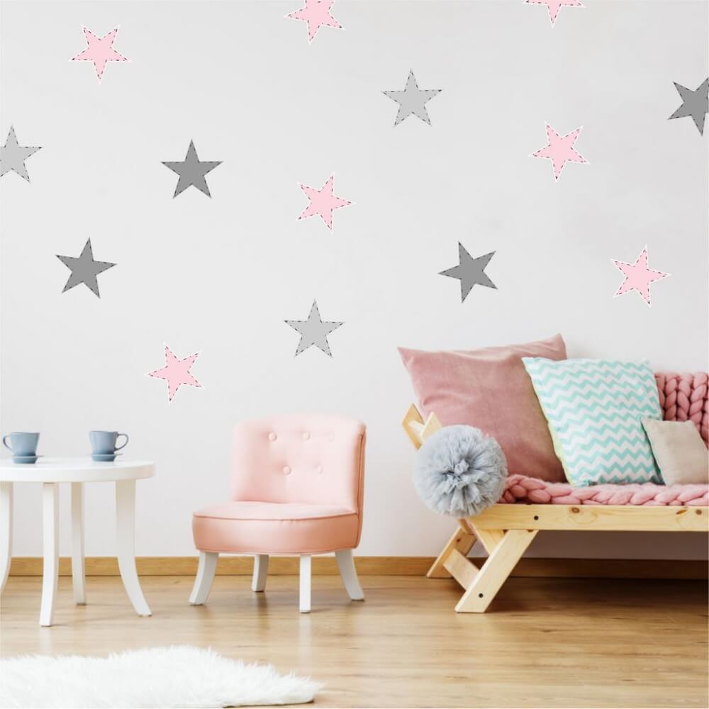 Dětské samolepky na zeď - Růžové a šedé samolepicí hvězdy