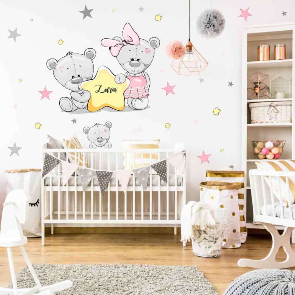 Dětské samolepky na zeď - Medvídci se jménem v růžové barvě