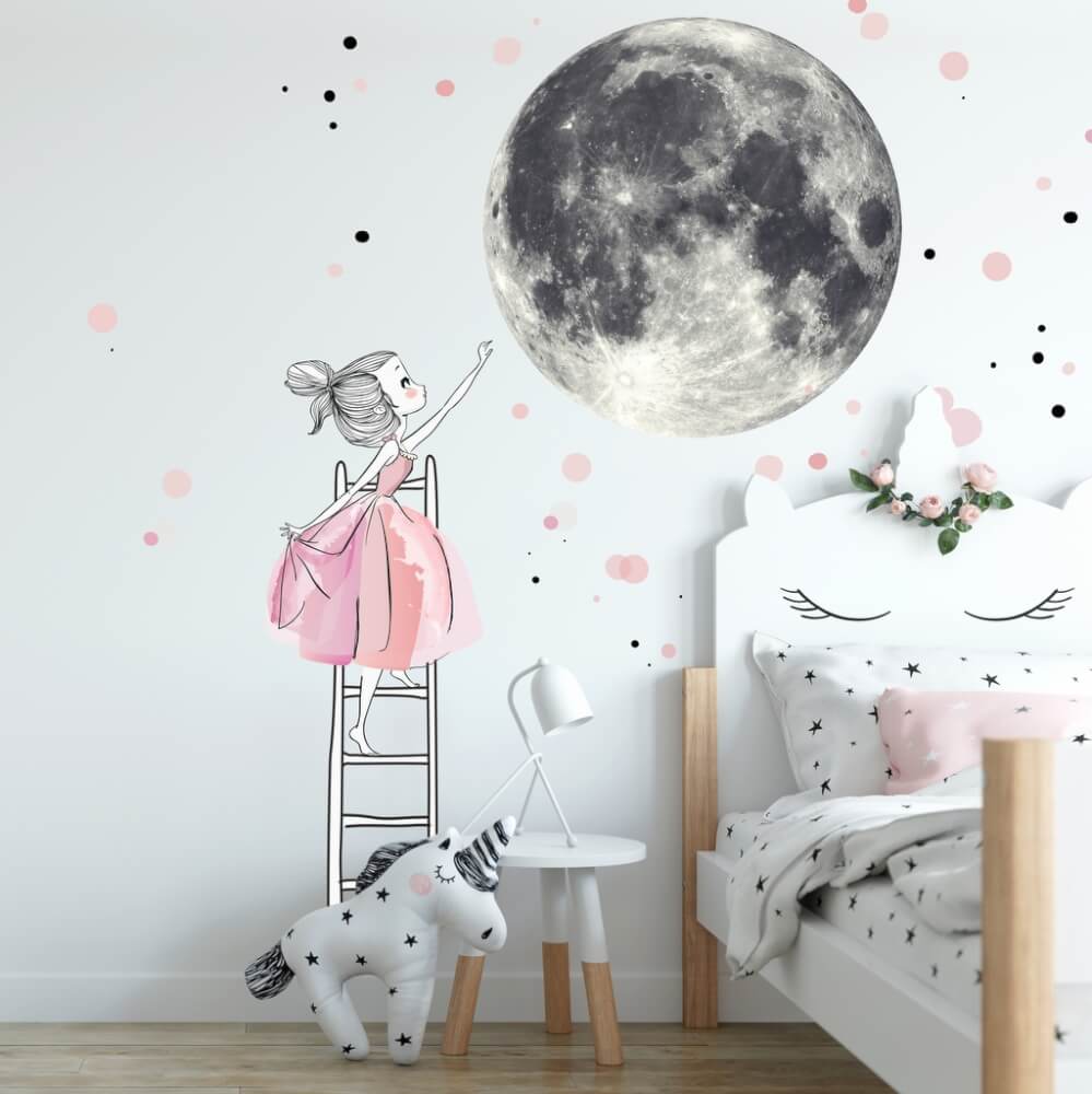 Samolepka na zeď - Měsíc a dívka na žebříku
