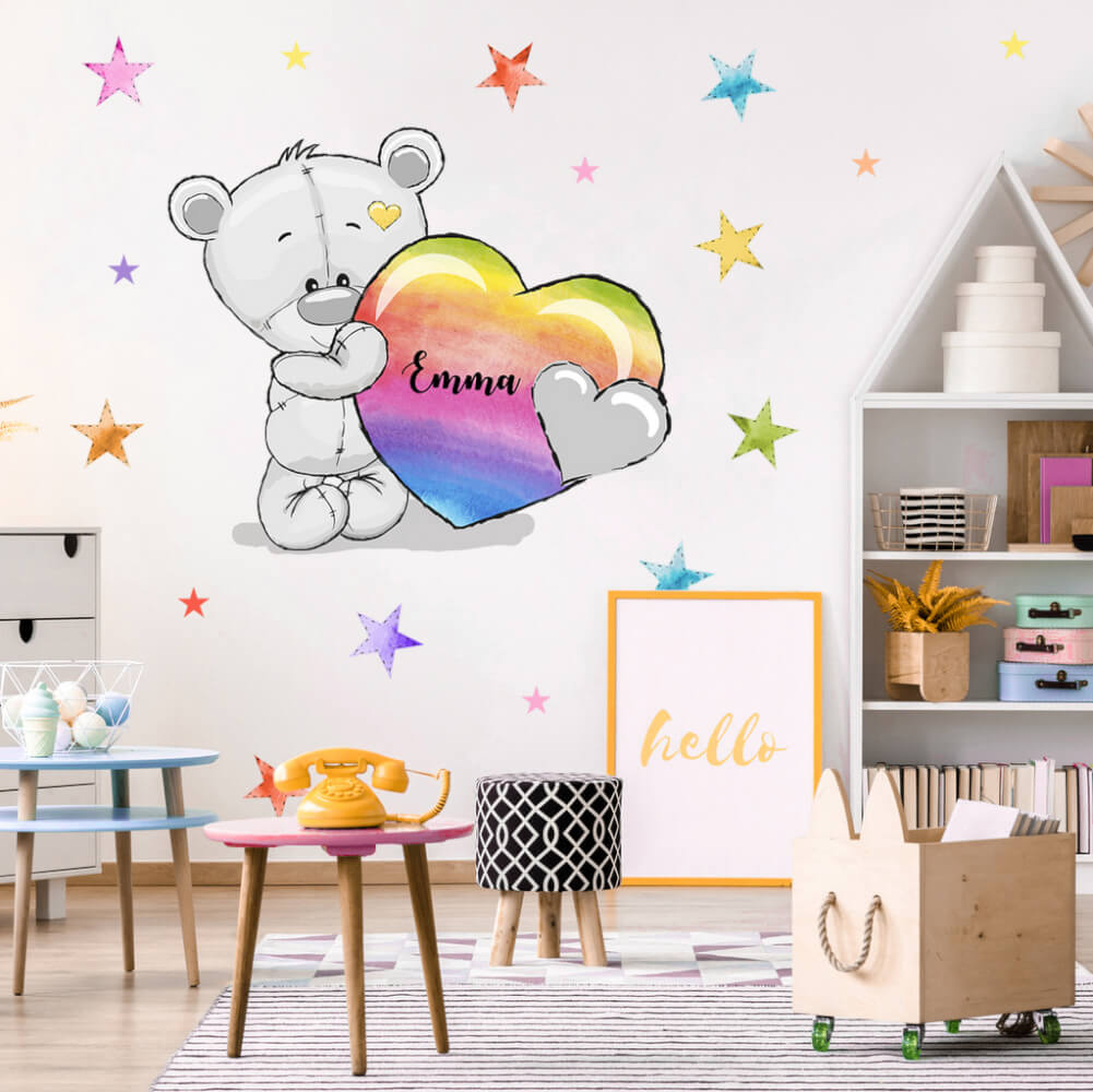 Dětské samolepky na zeď - Pestrobarevný plyšový medvídek s hvězdami