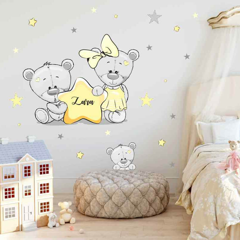 Samolepky do dětského pokoje - Medvídci se jménem v žluté barvě