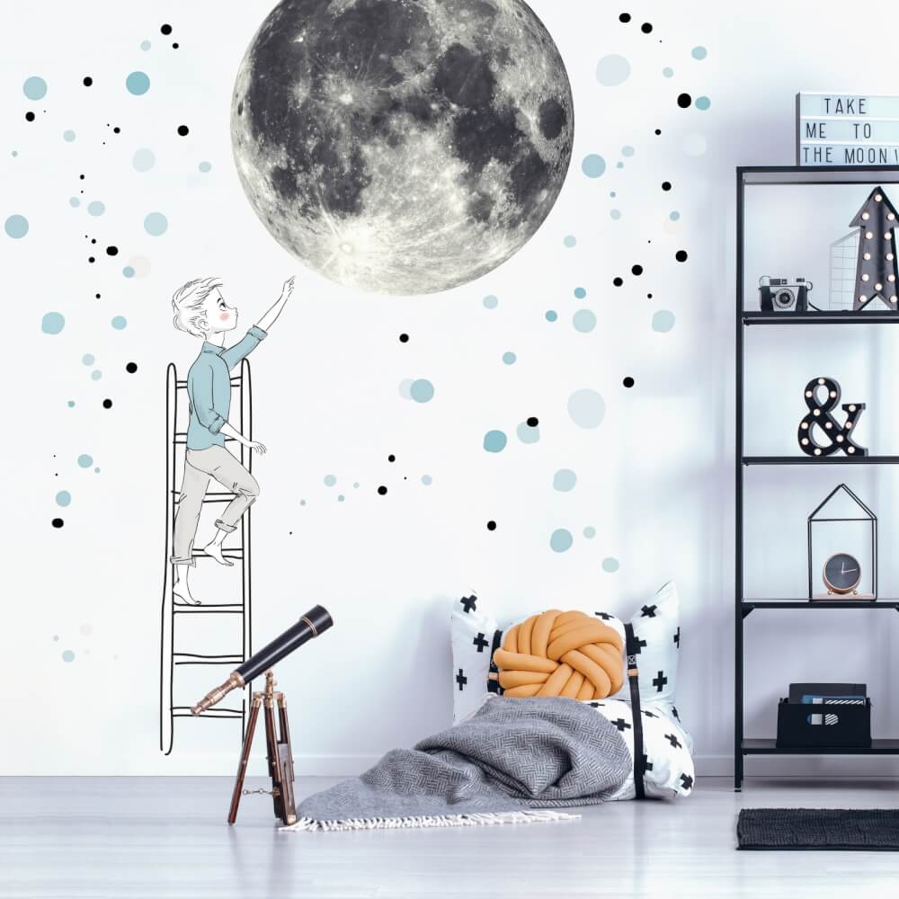 Samolepka na zeď - Měsíc a Chlapec na žebříku s hvězdami, velká nálepka