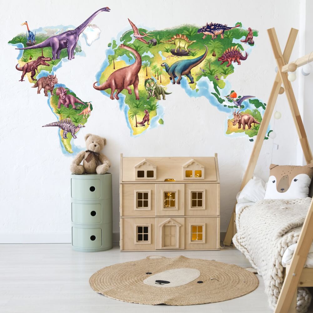 Samolepka na zeď pro kluky - Mapa světa Dinosauři