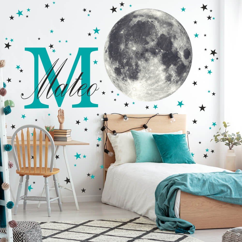 Samolepky na zeď - Měsíc s hvězdami a jménem