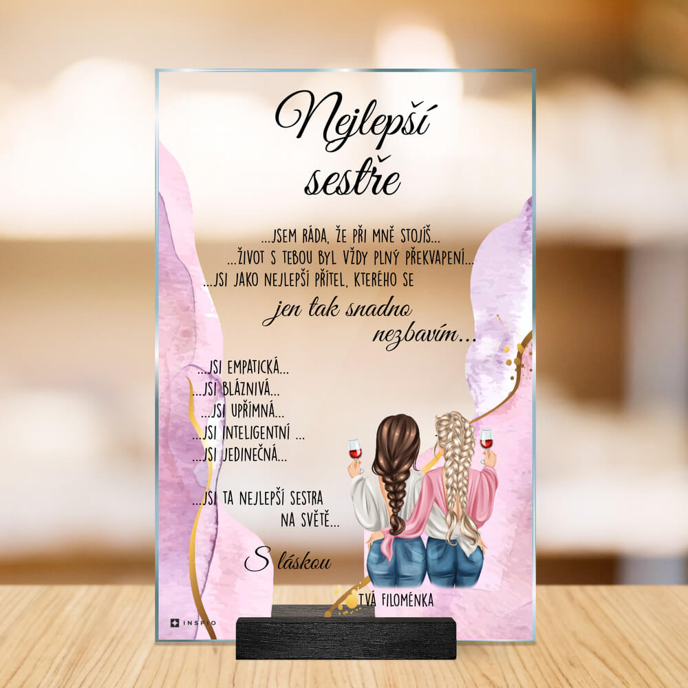 Levně Dárek pro sestru - skleněná plaketa s vlastním textem a designem