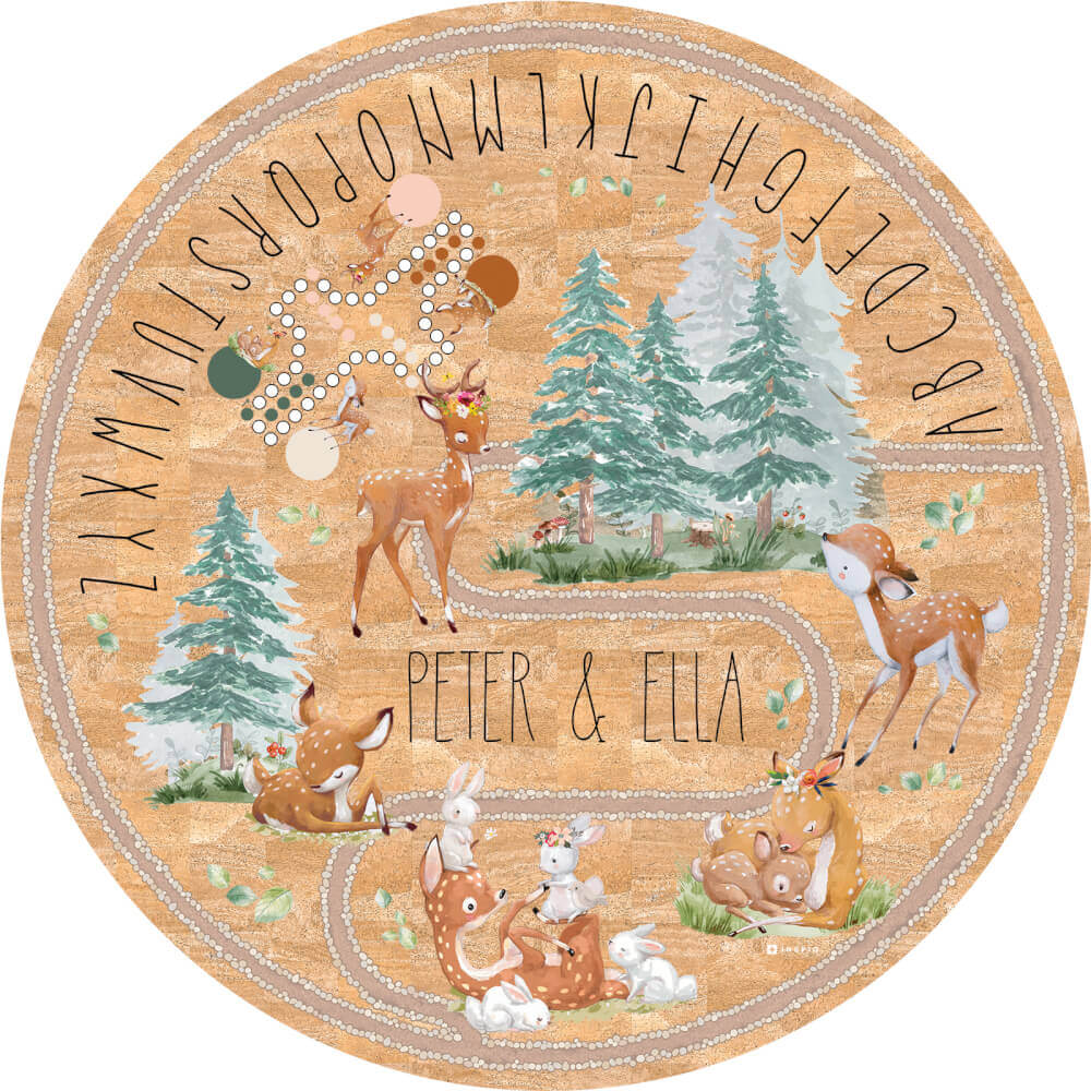 Dětský kruhový koberec z korku - Srnky a zajíčci v lese