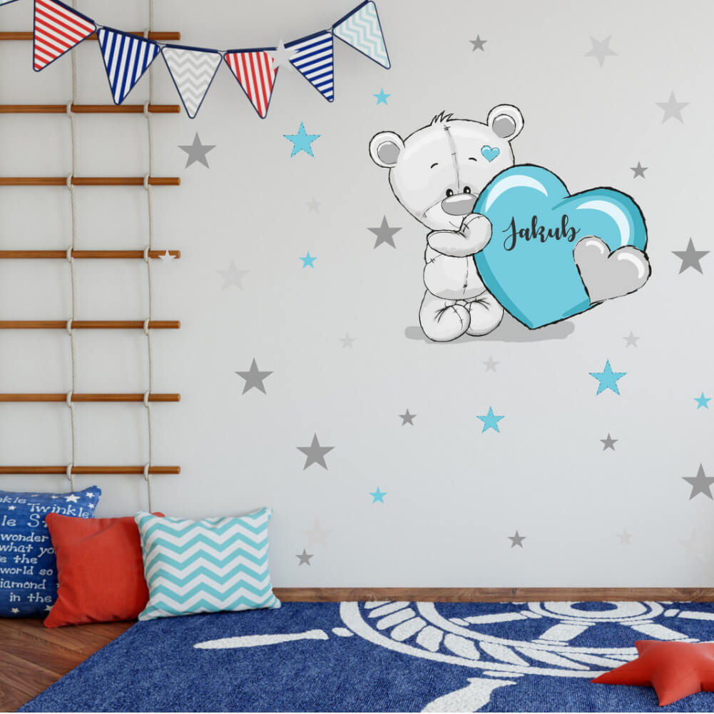 Dětské samolepky na zeď - Modrý medvídek s hvězdami a jménem