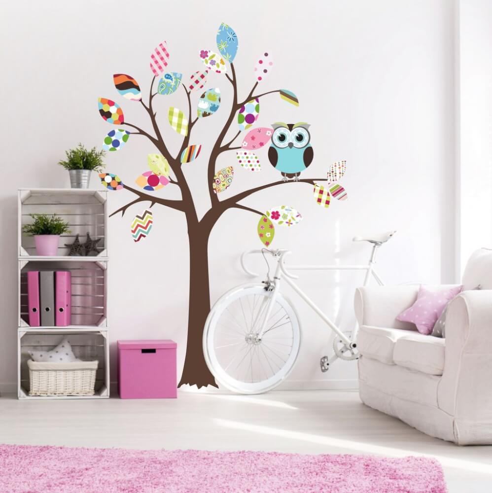 Dětské samolepky na zeď - Strom s barevnými listy a sovou