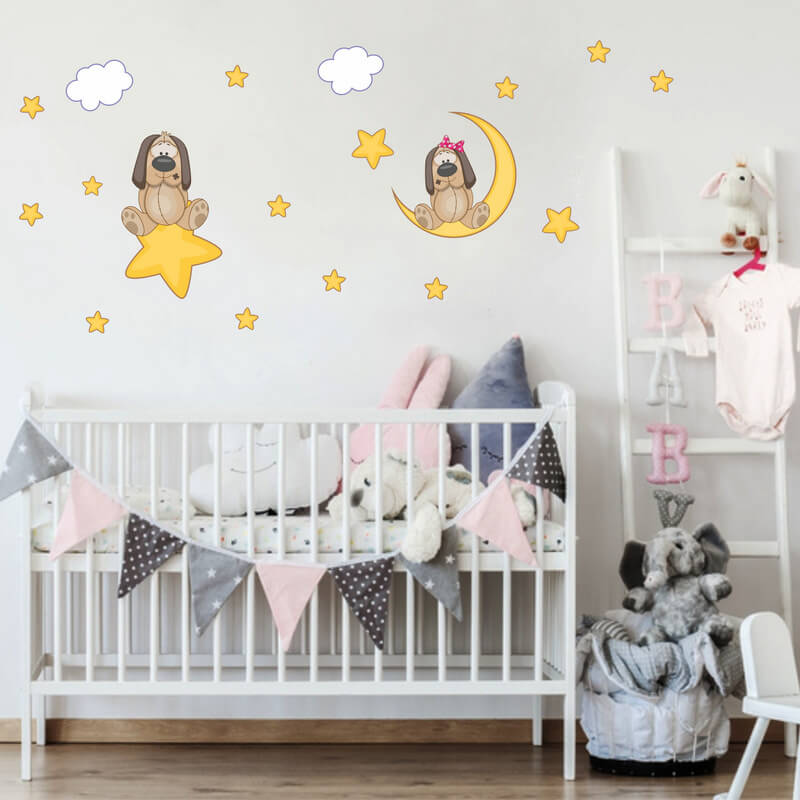 Dětské samolepky na zeď - Pejsci s hvězdami a měsícem