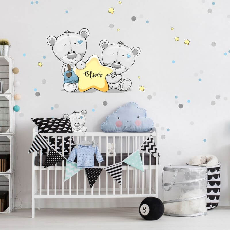 Dětské samolepky na zeď - Medvídci s jménem a puntíky