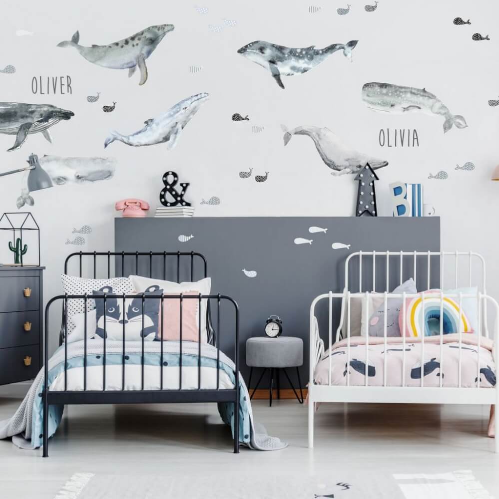 Dětské samolepky na zeď - Šedé velryby se jménem dítěte