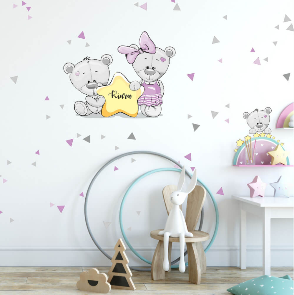 Dětské samolepky na zeď - Fialoví medvídci s hvězdičkou a se jménem
