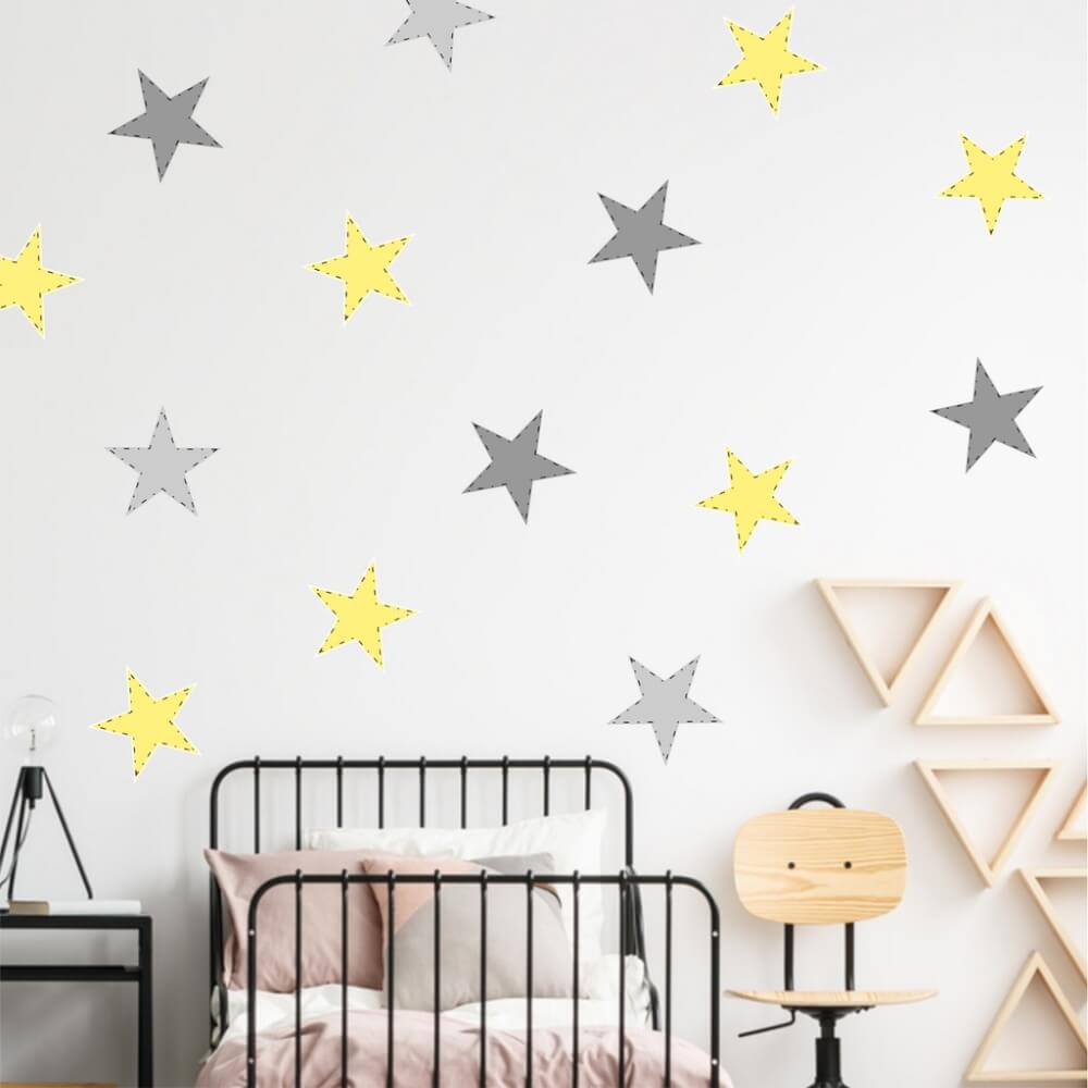 Dětské samolepky na zeď - Žluté a šedé samolepicí hvězdy