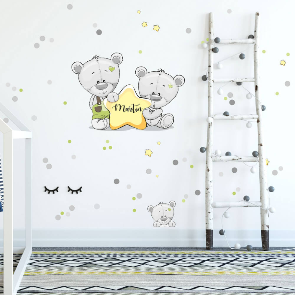 Dětské samolepky na zeď - Medvídci s hvězdičkou a se jménem v zelené barvě