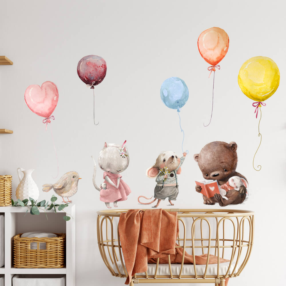 Samolepky na zeď - Zvířátka s balóny v pastelových barvách