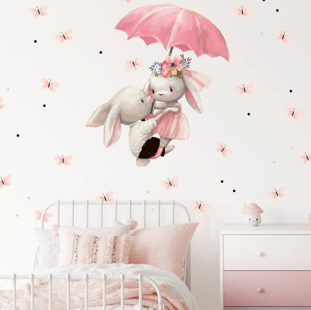 Samolepka na zeď pro děti - Zajíčci letící na deštníku