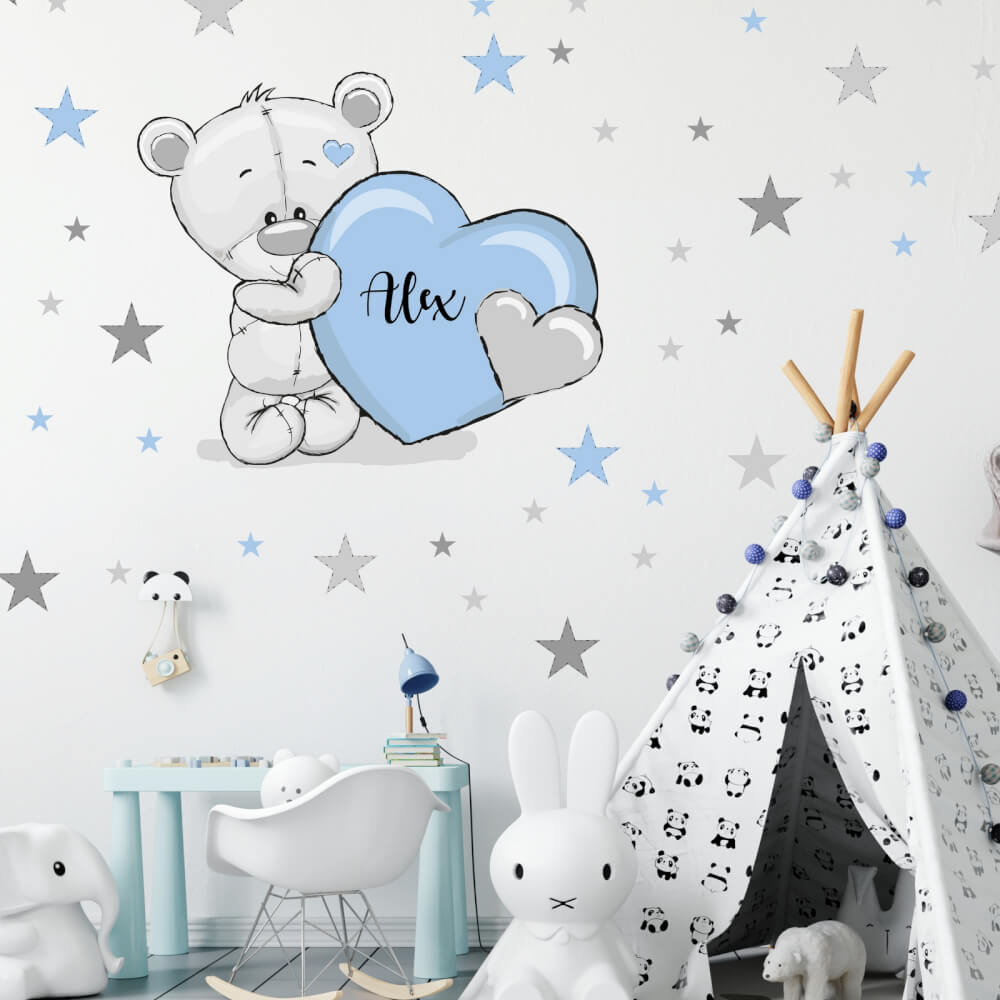 Samolepky do dětského pokoje - Medvídek s hvězdami v modré barvě