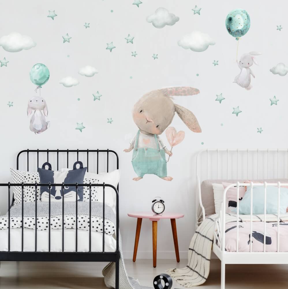 Samolepky do dětského pokoje - Mentolové zajíčky, hvězdy a obláčky