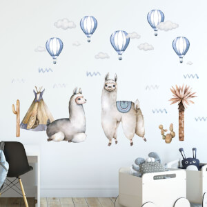 Samolepky na zeď - Alpaky s modrými balony