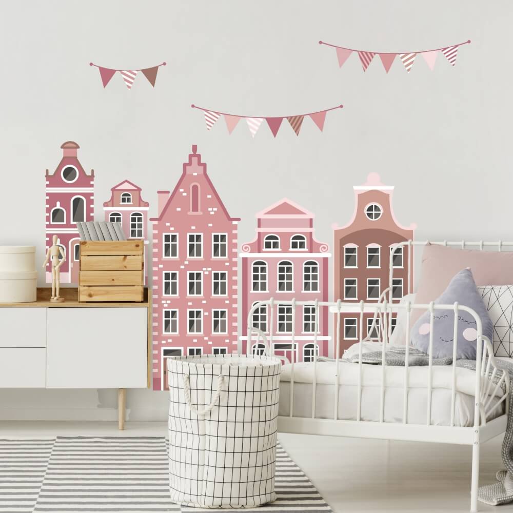 Samolepky na zeď pro dívky - Domy v růžovém s girlandami
