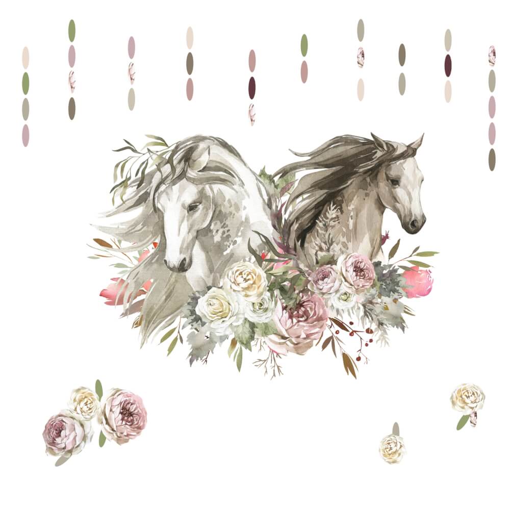 Samolepky na zeď pro teenagery - Romantické koně s květinami